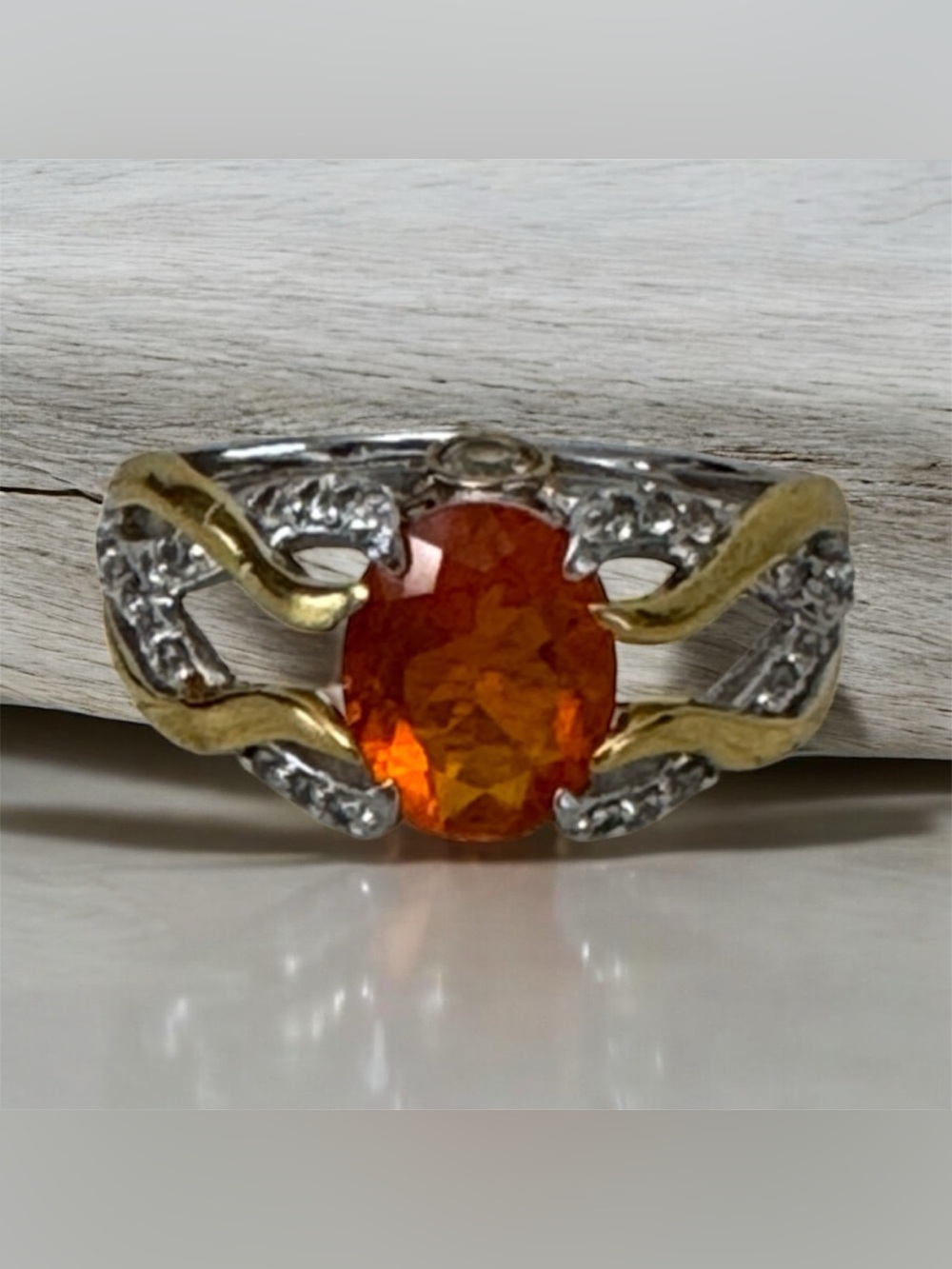 925 Two Tone  Ring with Orange Oval Gemstone Size 7.5